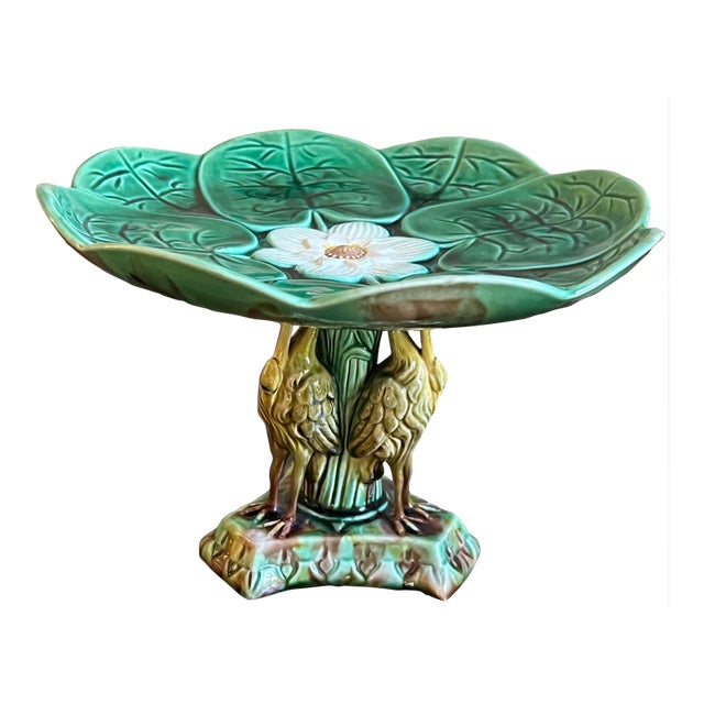 Antique English Majolica Pond Lily Compote With Stork , C. 1880's For Sale