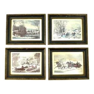 Vintage Currier and Ives Framed Winter Scenes, Set of 4