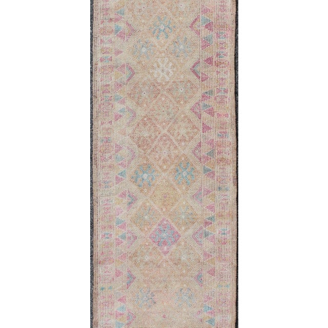 Long geometric design Turkish Oushak runner in tan, teal, light purple and gold. Keivan Woven Arts / rug EN-165355,...