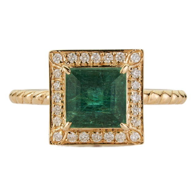 VRJewels 14k Yellow Gold Square Emerald Diamond Halo Vintage Ring Size 4 For Sale