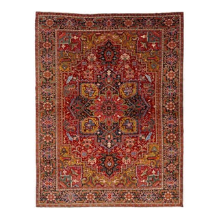 Antique Heriz Handmade Persian Medallion Designed Red Wool Rug For Sale