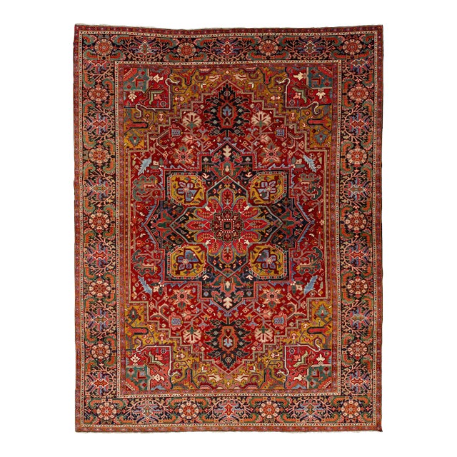 Antique Heriz Handmade Persian Medallion Designed Red Wool Rug For Sale