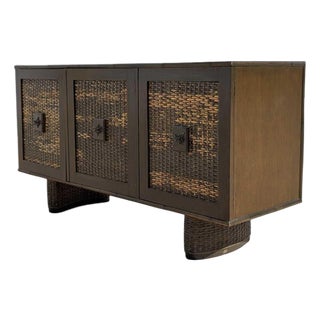 Vintage Rattan and Bamboo Door Sideboard Cabinet, Mid-Century For Sale
