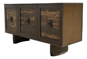 Vintage Rattan and Bamboo Door Sideboard Cabinet, Mid-Century