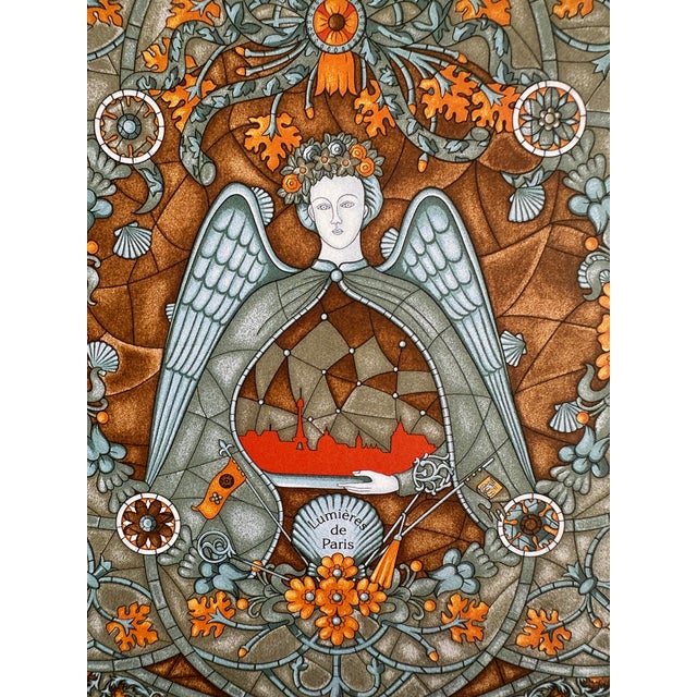 Art Nouveau Authentic Original Hermès “Lumière De Paris” Framed Silk Scarf Art Advertisement Print Art Nouveau Angel French Luxury Wall Art For Sale - Image 3 of 9