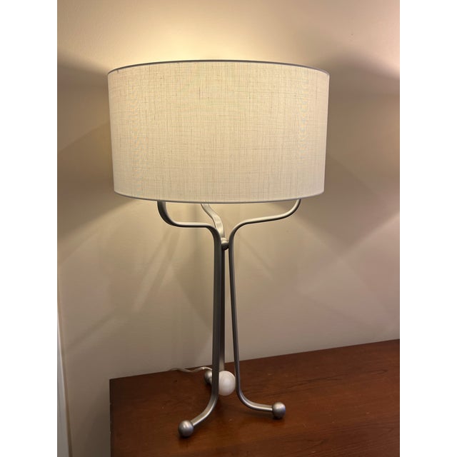 Baker's Larimar Table Lamp, Satin Nickel Finish & Alabaster With White Linen Drum Shade For Sale In Charlotte - Image 6 of 18