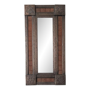 Late 20th-Century Mexican Bronzed Hojalata (Tin Art Work) & Stamped Terracotta Tile Mirror - Hangs Vertically or Horizontally