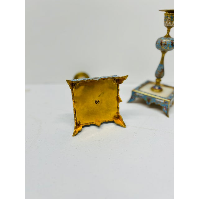 Metal Pair, 19th Century French Gilt Bronze, Cloisonne & Onyx Candlesticks For Sale - Image 7 of 9