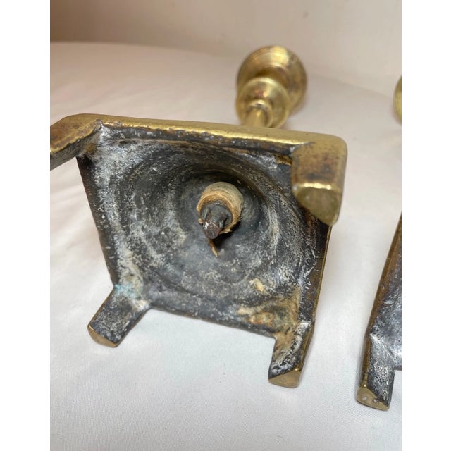 Rare Pair Primitive Antique 18th Century Turned Brass Candlestick Candle Holder For Sale - Image 9 of 12