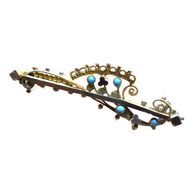 Antique Etruscan Revival 10k Gold Openwork Brooch Pin, Turquoise Stones For Sale