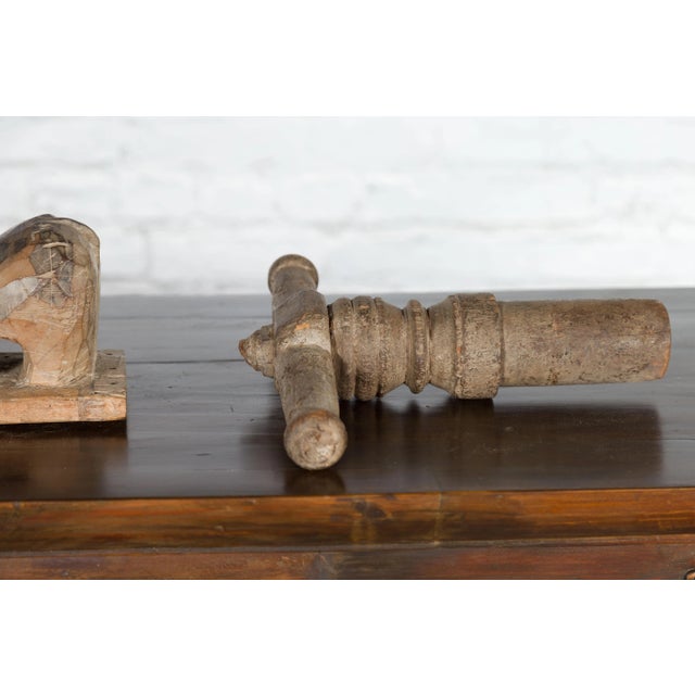 Indian Indian Antique Wooden Hand Noodle Maker with Carved Ram and Vice Press For Sale - Image 3 of 12
