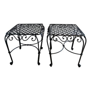 Pair of French Wrought Iron Square Accent Tables, Lattice Tops and Scroll Legs For Sale