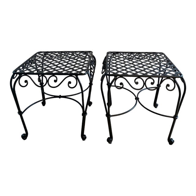 Pair of French Wrought Iron Square Accent Tables, Lattice Tops and Scroll Legs For Sale
