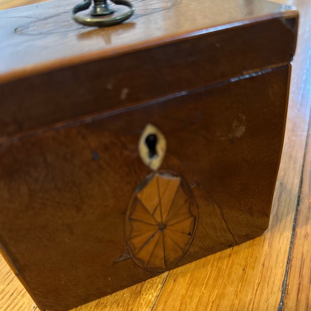Antique Wooden Inlaid Tea Caddy / Lock Box Small Lid, Lined For Sale - Image 4 of 11