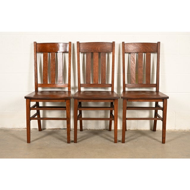 Mission Limbert Style Antique Mission Oak Arts & Crafts Side Chairs or Dining Chairs, Set of Three For Sale - Image 3 of 14
