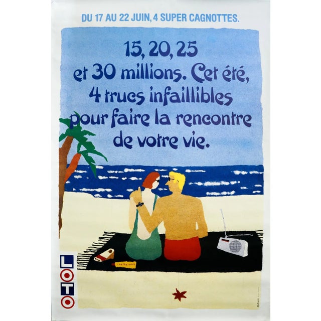 1990's Original French Lottery Poster - 4 Trucs Infaillibles Pour Faire La Rencontre De Votre Vie (4 Infallible Tips to Meet the Love of Your Life) For Sale