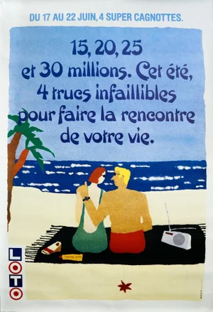 1990's Original French Lottery Poster - 4 Trucs Infaillibles Pour Faire La Rencontre De Votre Vie (4 Infallible Tips to Meet the Love of Your Life)