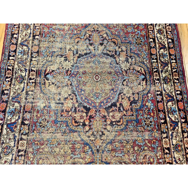 19th Century Persian Kashan Rug, Hand-Knotted Wool, Medallion Floral Design, Red & Navy, 4x7 For Sale - Image 10 of 18
