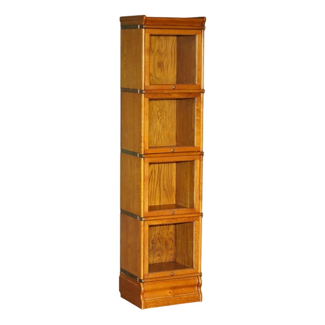 Antique Modular Honey Oak and Gilt Brass Stacking Bookcase with Glazed Retracting Doors For Sale