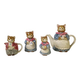 Cat Tea Set Japanese Otagiri Mrs Whiskers 4 Piece Kitchy Sugar Teapot Creamer Napkin Holder Wind in the Willows Style Quirky Kitchenware For Sale