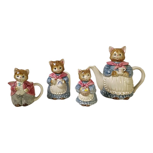 Cat Tea Set Japanese Otagiri Mrs Whiskers 4 Piece Kitchy Sugar Teapot Creamer Napkin Holder Wind in the Willows Style Quirky Kitchenware For Sale