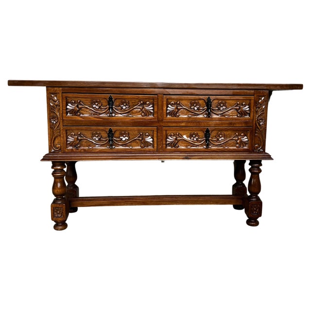 Early 20th Century Spanish Console Chest Table with Four Carved Drawers and Original Hardware For Sale - Image 15 of 18