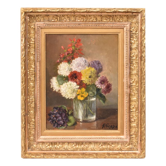 Nicolas Constant Pierrat, Still Life with Flowers, Dahlias and Violets, 19th Century, Oil on Canvas, Framed For Sale