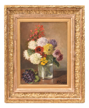 Nicolas Constant Pierrat, Still Life with Flowers, Dahlias and Violets, 19th Century, Oil on Canvas, Framed