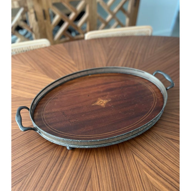 1800s Meriden Britannia Co. Mahogany Butler's Tray With Inlay For Sale - Image 12 of 12