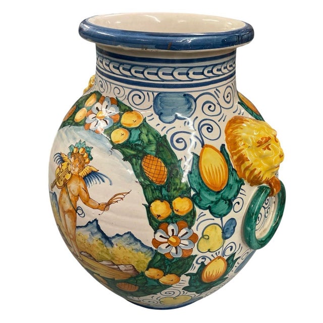 Italian Vintage Italian Majolica Style Large Ceramic Urn Vase With Putto and Lion Head Handles For Sale - Image 3 of 11