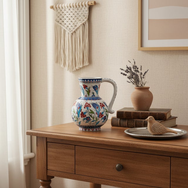 Ceramic Handmade Ceramic Pitcher Vase (20cm) Classic Red Carnation and Blue Tulip Pattern For Sale - Image 7 of 11