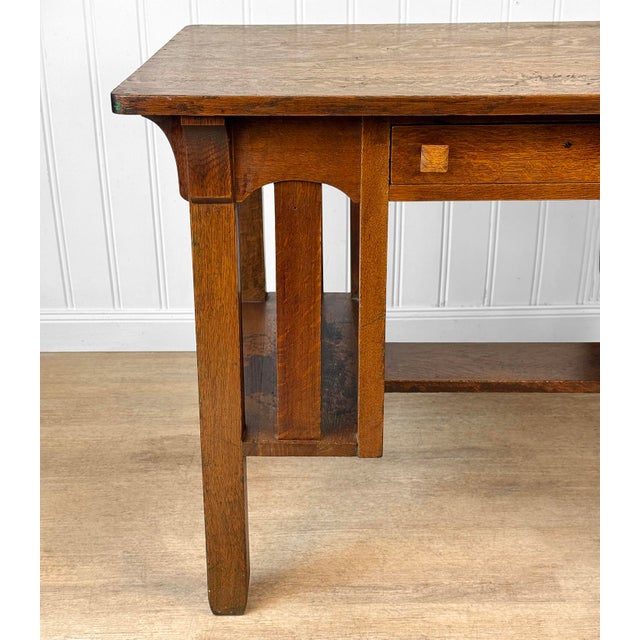 1920s Antique Arts & Crafts Quartersawn Oak Partners Library Desk For Sale - Image 5 of 14