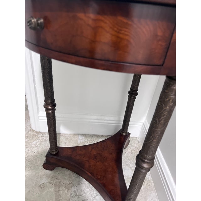 Brown Theodore Alexander Burl Wood Accent / Martini Table With Drawer & Engraved Metal Supports For Sale - Image 8 of 10