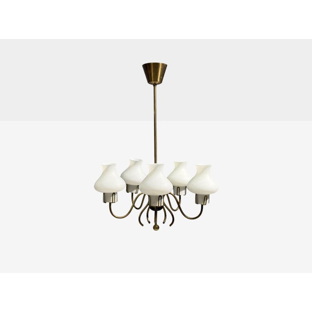 Swedish Mid-Century Modern, Pendant Light, Brass, Opal Glass, Sweden, 1950s A Scandinavian pendant light designed and...