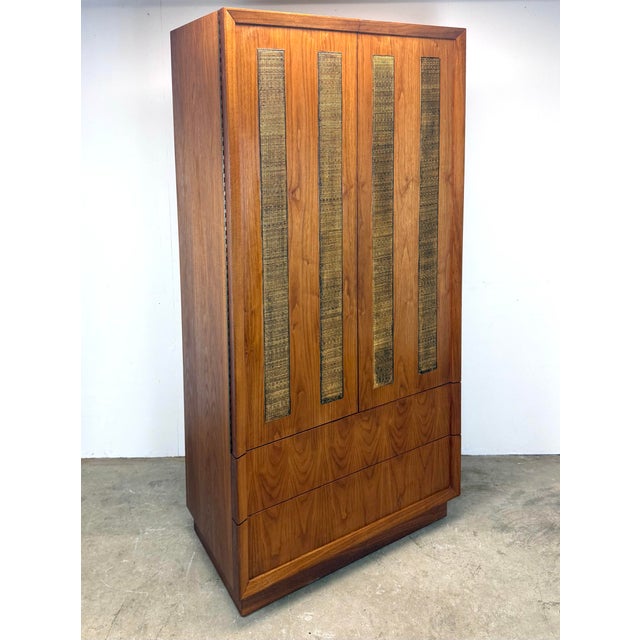 Mid Century Modern Milo Baughman Style Walnut & Cane Armoire / Wardrobe For Sale - Image 11 of 12