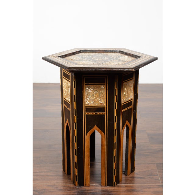 Mid 20th Century Moroccan Midcentury Side Table with Hexagonal Top and Mother-of-Pearl Inlay For Sale - Image 4 of 12