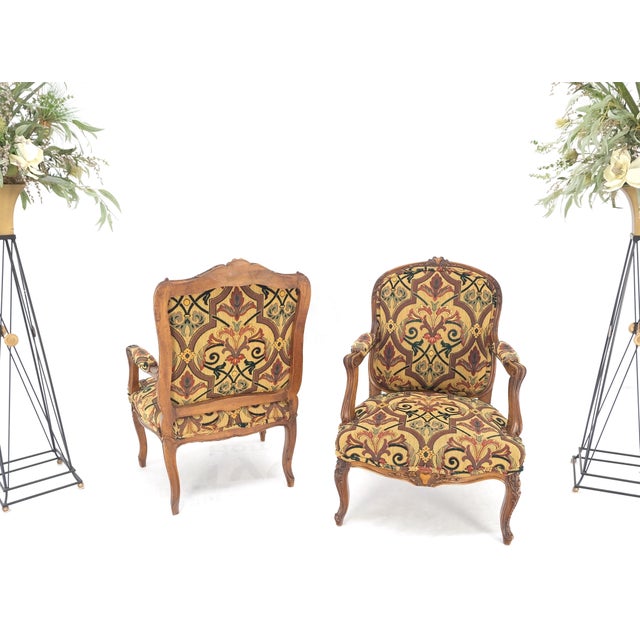 Pair of His & Hers Finely Carved Walnut Country French Lounge Armchairs Tapestry For Sale - Image 12 of 16