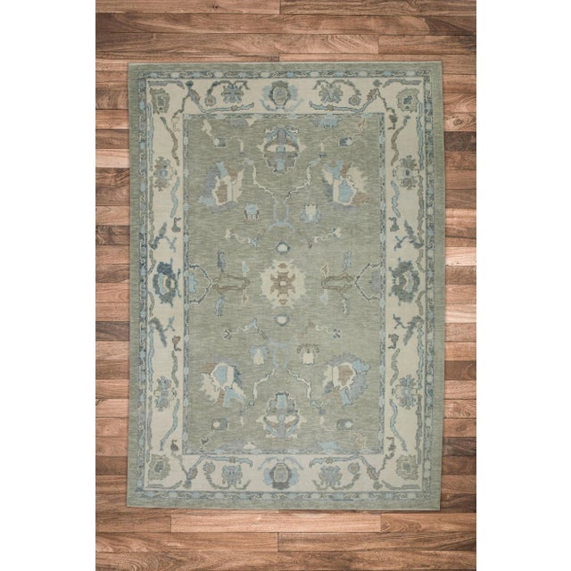 Textile Early 21st Century Green Floral Design Handwoven Wool Turkish Oushak Rug 6'3" X 8'11" For Sale - Image 7 of 8