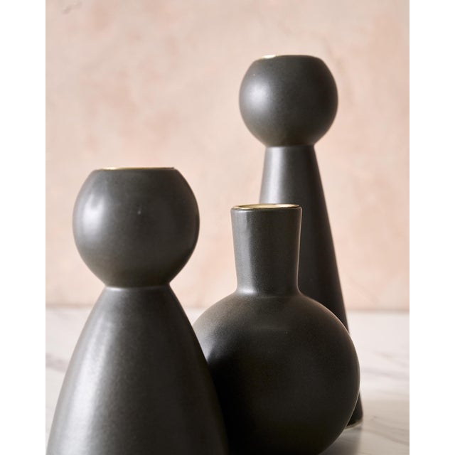 Slate Gray Trio of "Almost Black" Matte Ceramic Taper Candle Holders "Bella," "Bobby," and "Beau" by Lostine For Sale - Image 8 of 12