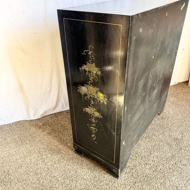 Mid 20th Century Chinese Black and Gold Hand Painted Highboy With Red Velvet For Sale - Image 9 of 11