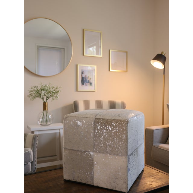 Contemporary Handmade Brindle Cowhide Leather Cube Ottoman Pouf 18x18x18 in Natural For Sale - Image 3 of 13