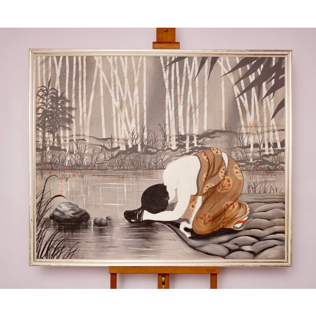 1970s Vintage Chinese Women Washing, Bamboo Oil on Canvas Framed Painting Signed For Sale - Image 9 of 9