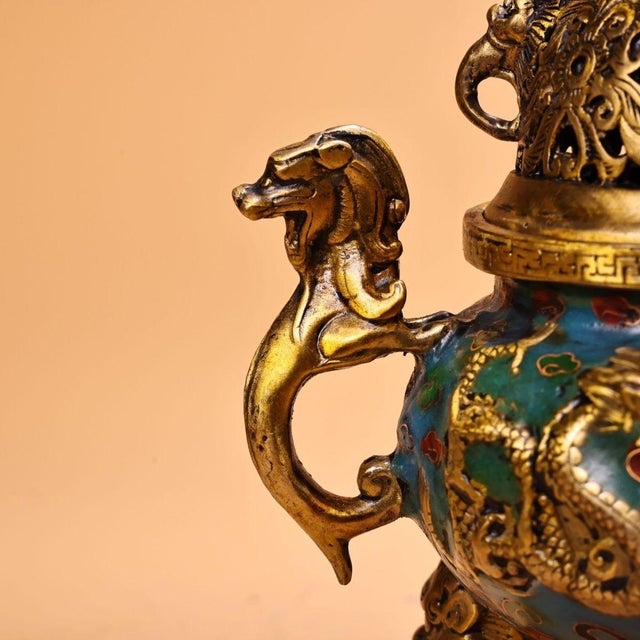 Yellow Pair of Vintage Chinese Cloisonné Enamel & Gilt Bronze Dragon Censers / Incense Burners For Sale - Image 8 of 10
