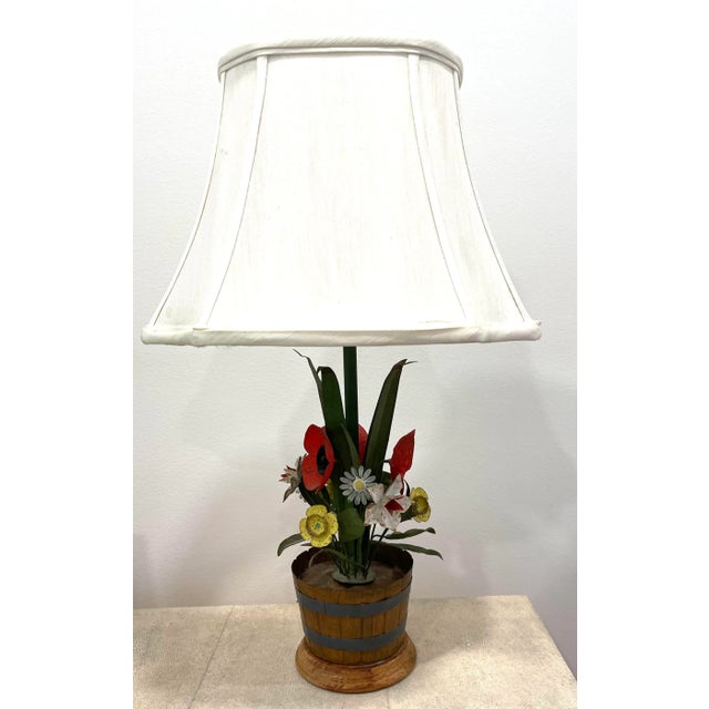 Vintage Tole Flowers Potted in a Whiskey Barrel Lamp For Sale - Image 4 of 10