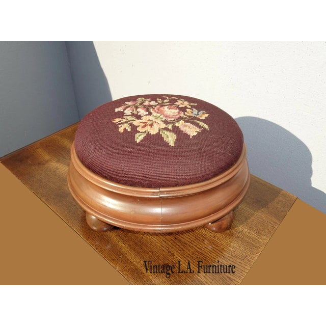 Footstool - Vintage French Country Burgundy Floral Needlepoint Petite Footstool For Sale - Image 13 of 13