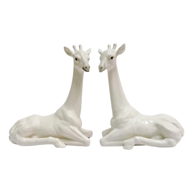 1970 Fitz & Floyd White Porcelain Giraffe Bookends - A Pair For Sale