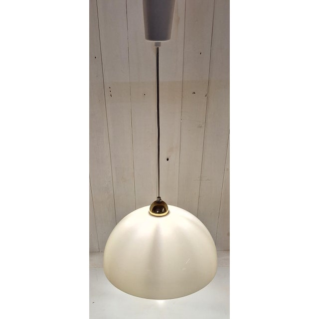 Vintage Ceiling Lamp with White Plastic Shade on Brass Mount, 1970s For Sale - Image 3 of 7