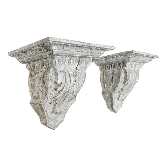 Antique White Painted Wood Wall Brackets - A Pair For Sale
