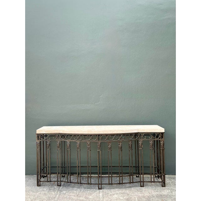 Vintage Deco Stone Top Long Wrought Iron Console Table For Sale - Image 4 of 11