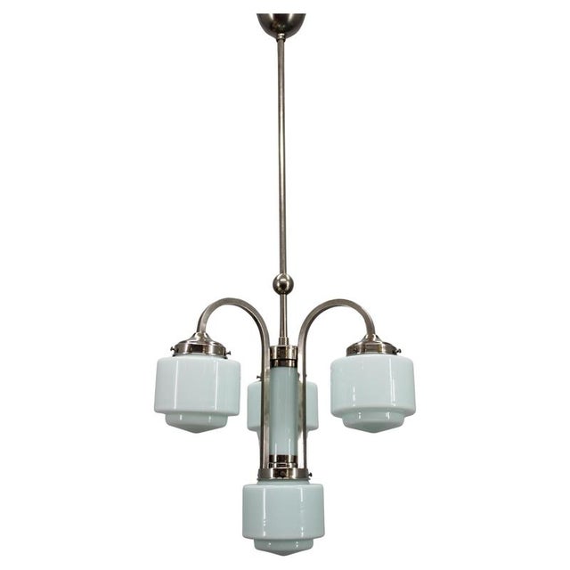 Art Deco Nickel Pendant Light with Cylindrical Light Opaline Shades, Czechoslovakia, 1930s For Sale - Image 15 of 15